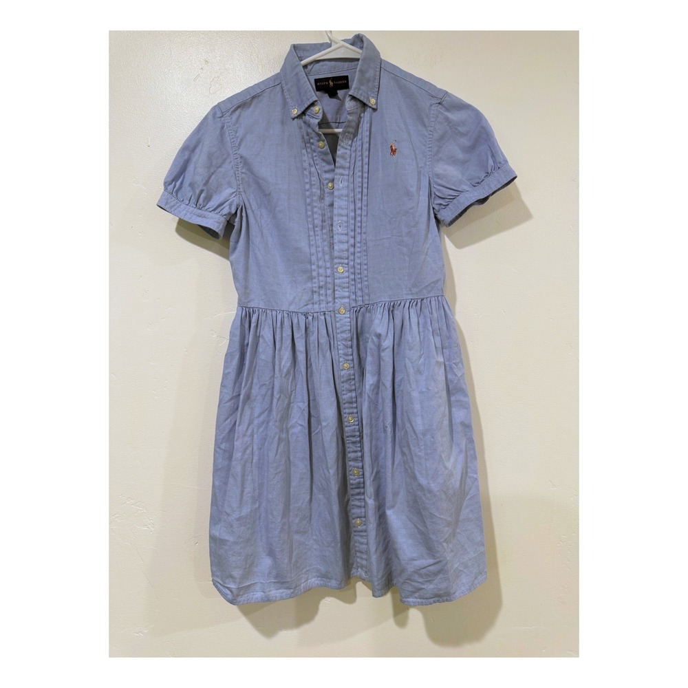 Ralph Lauren Girls Blue Oxford Cotton Pintuck Shirt Dress Sz 14 Short Sleeve